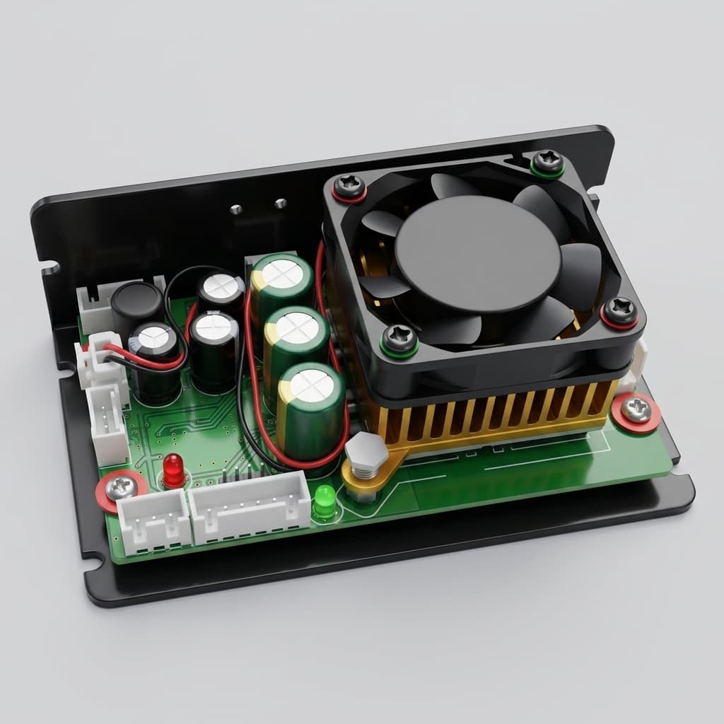 GaN low-voltage servo drive board with exposed PCB, capacitors, and heatsink for embedded robotics integration